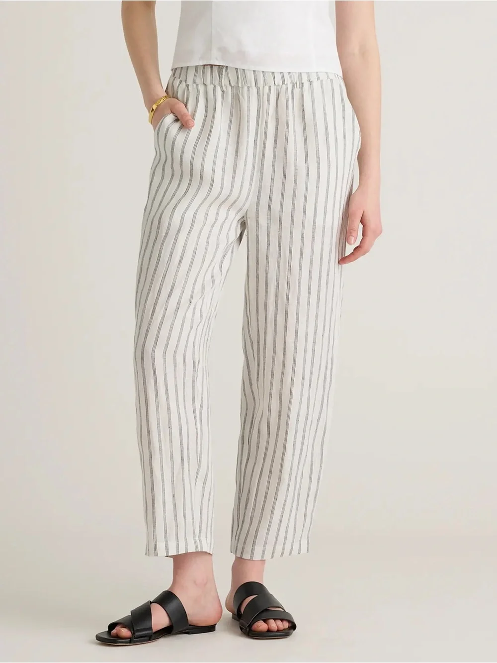Quince 100% European Linen Pants Oatmeal Black Stripe Size Small